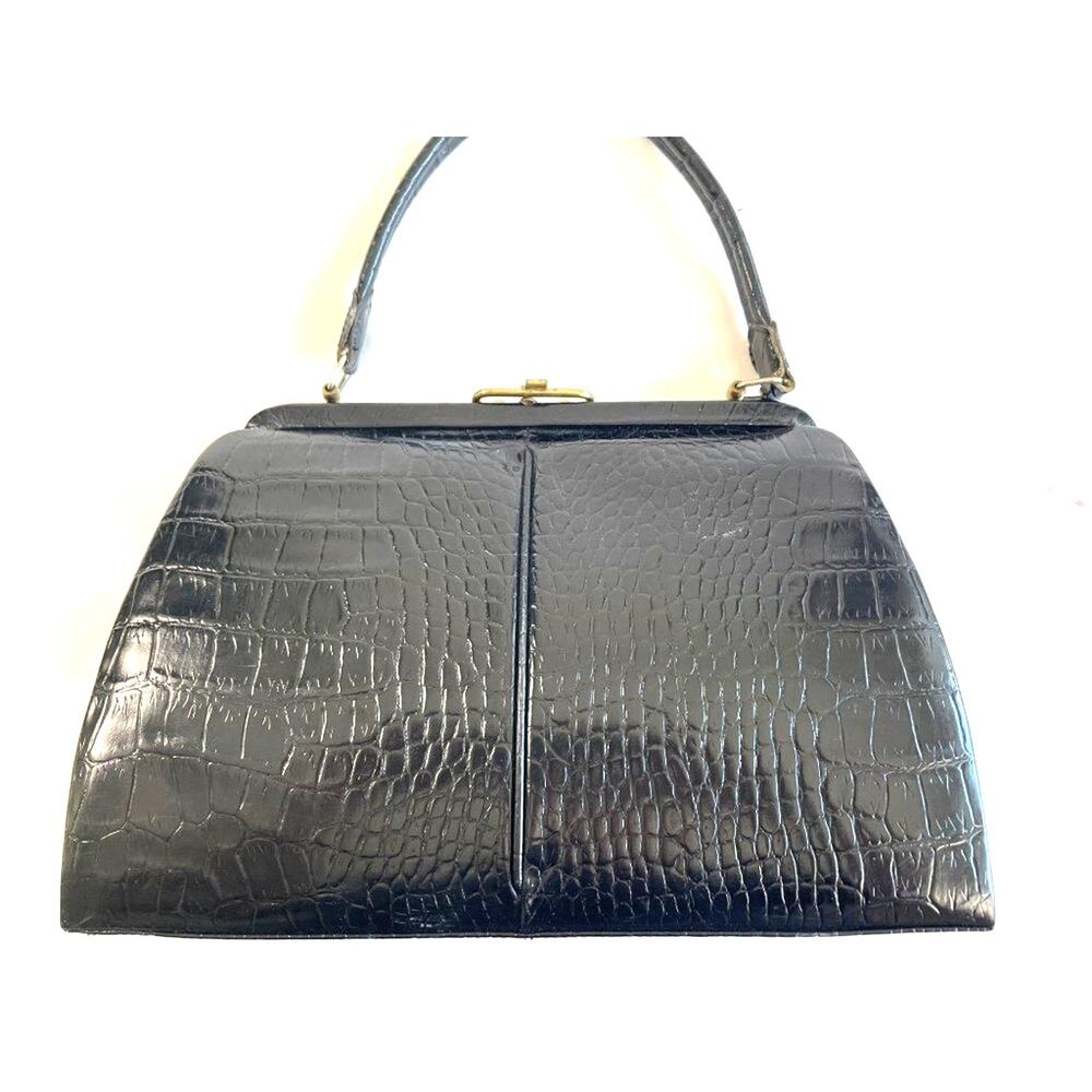Vintage Womens Alligator Handbag Black GOLD LINE Brand Size-13" x 10" x 3". stra